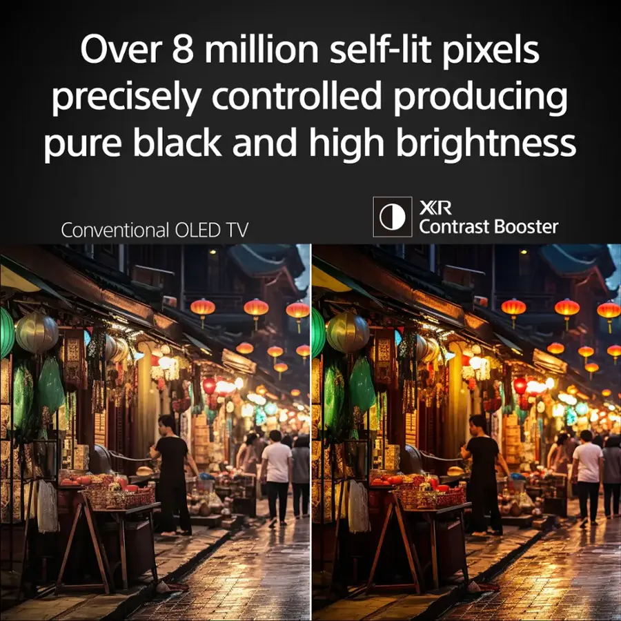 Over 8 million self-lit pixels are precisely controlled, producing pure black and high brightness. Conventional OLED TVs use XR O Contrast Booster to enhance the visual experience.