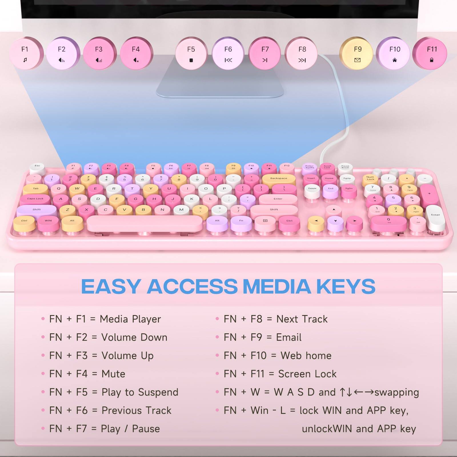 EASY ACCESS MEDIA KEYS

- FN + F1 = Media Player
- FN + F2 = Volume Down
- FN + F3 = Volume Up
- FN + F4 = Mute
- FN + F5 = Play to Suspend
- FN + F6 = Previous Track
- FN + F7 = Play / Pause
- FN + F8 = Next Track
- FN + F9 = Email
- FN + F10 = Web home
- FN + F11 = Screen Lock
- FN + W = W A S D and ↑↓←→ swapping
- FN + Win - L = lock WIN and APP key, unlockWIN and APP key
