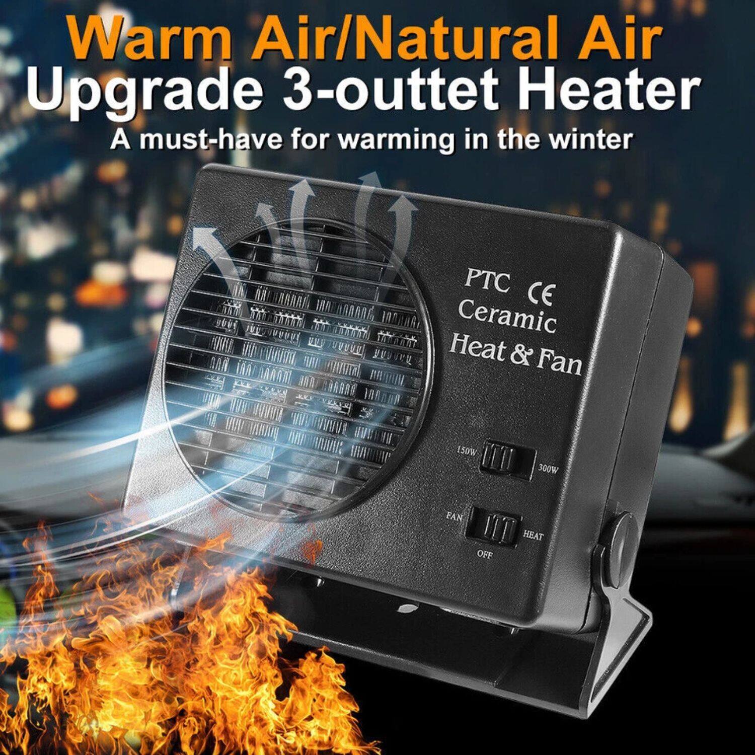 Warm Air/Natural Air Upgrade 3-outlet Heater  
A must-have for warming in the winter  

PTC CE Ceramic Heat & Fan  
150W 300W  
FAN HEAT OFF
