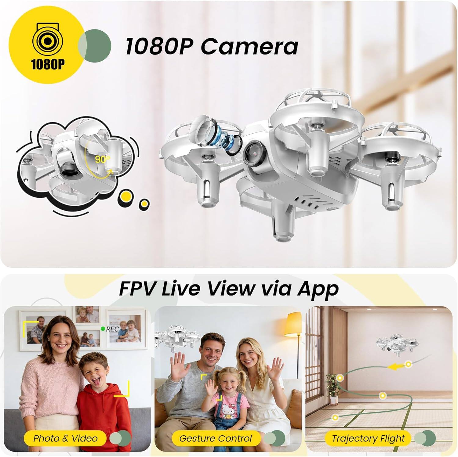1080P Camera

FPV Live View via App

Photo & Video

Gesture Control

Trajectory Flight
