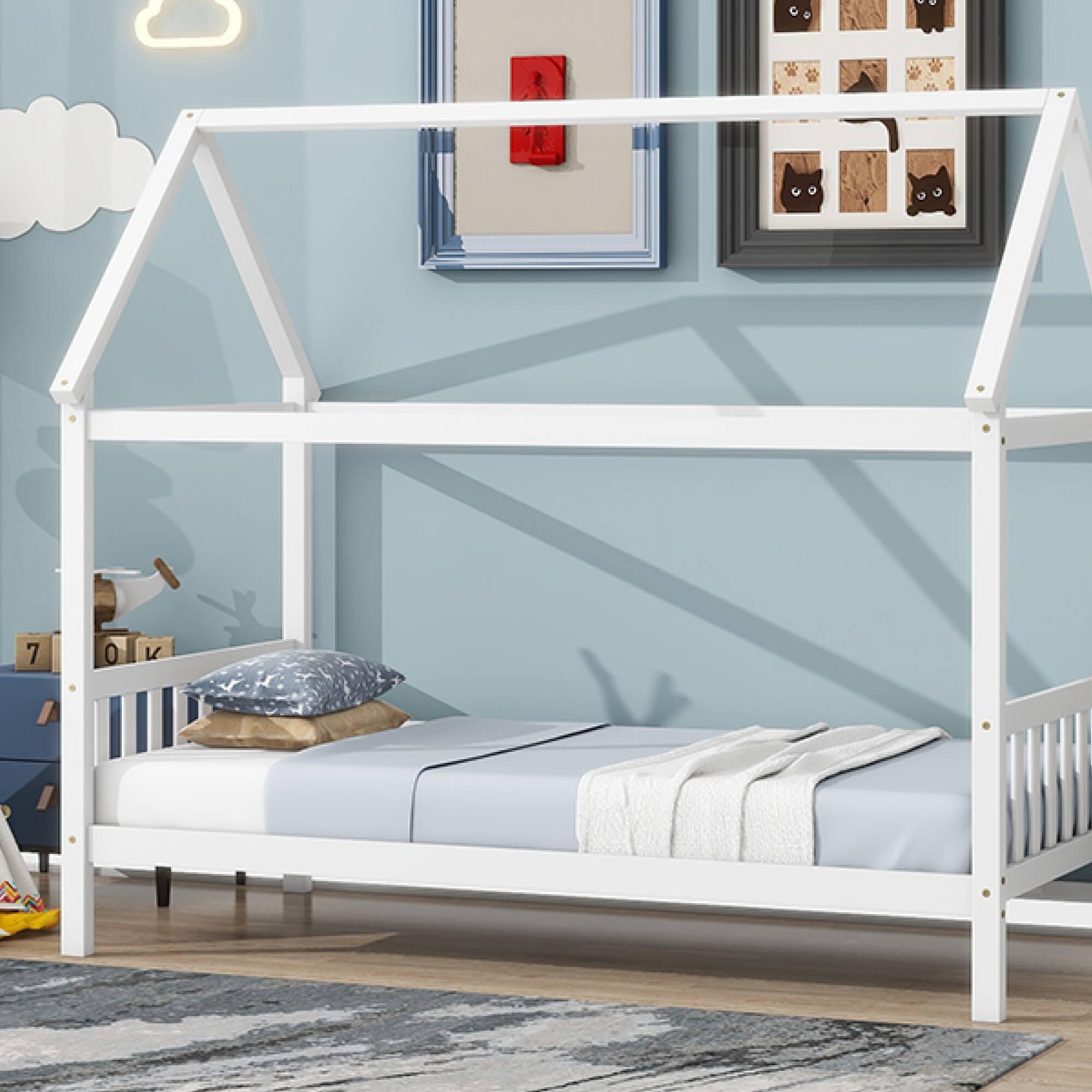 Alt View 7. GOODSILO - Twin Size House Frame Bed with Headboard and Footboard in Light Wood Finish - White.
