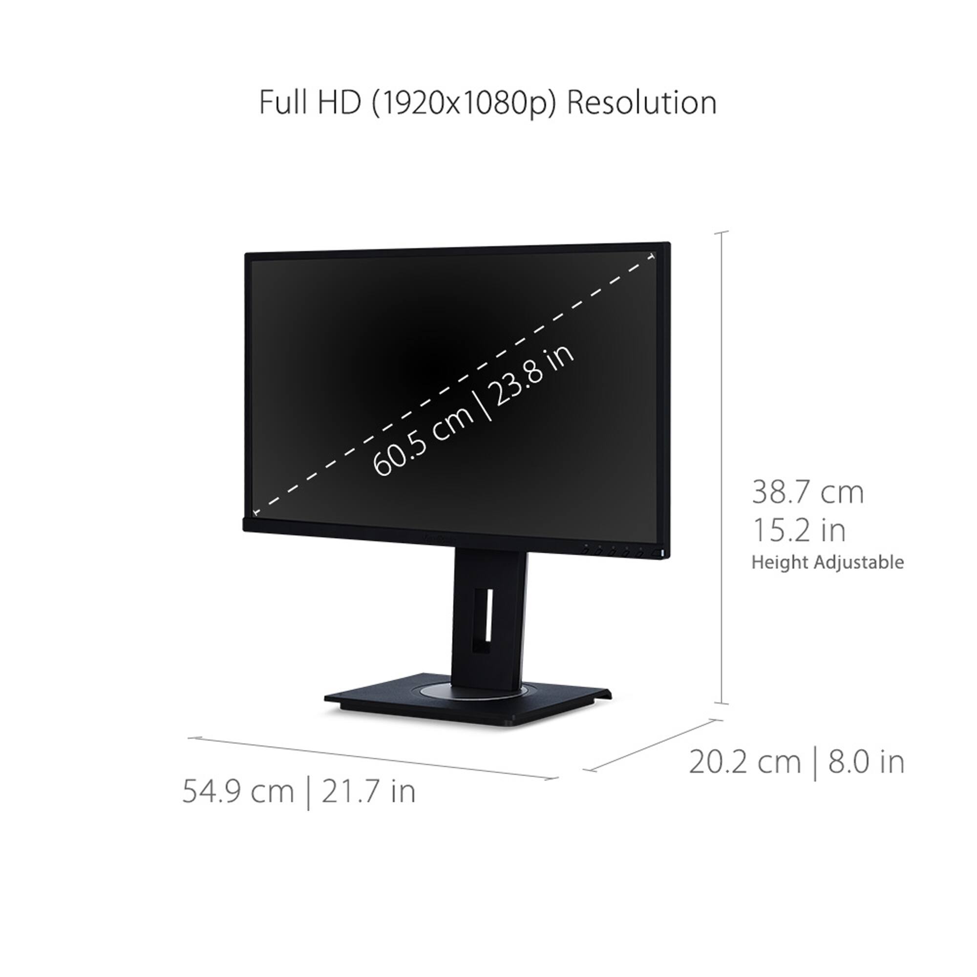 Full HD (1920x1080p) Resolution: 8.19 in | 23.8 cm
Height Adjustable: 54.9 cm | 21.7 in
Dimensions: 20.2 cm | 8.0 in
