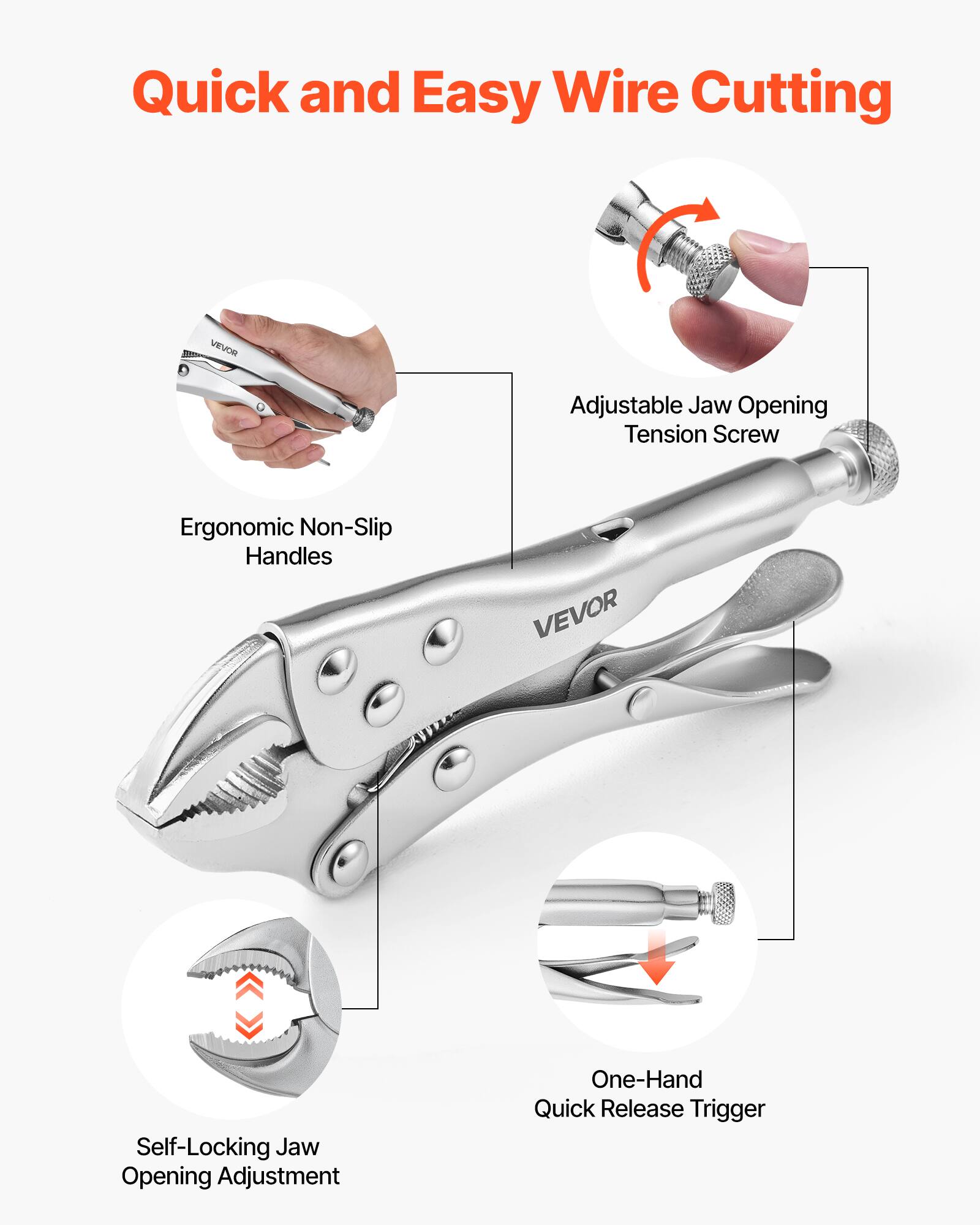 Quick and Easy Wire Cutting

VEVOR

Adjustable Jaw Opening Tension Screw

Ergonomic Non-Slip Handles

VEVOR

Self-Locking Jaw Opening Adjustment

One-Hand Quick Release Trigger