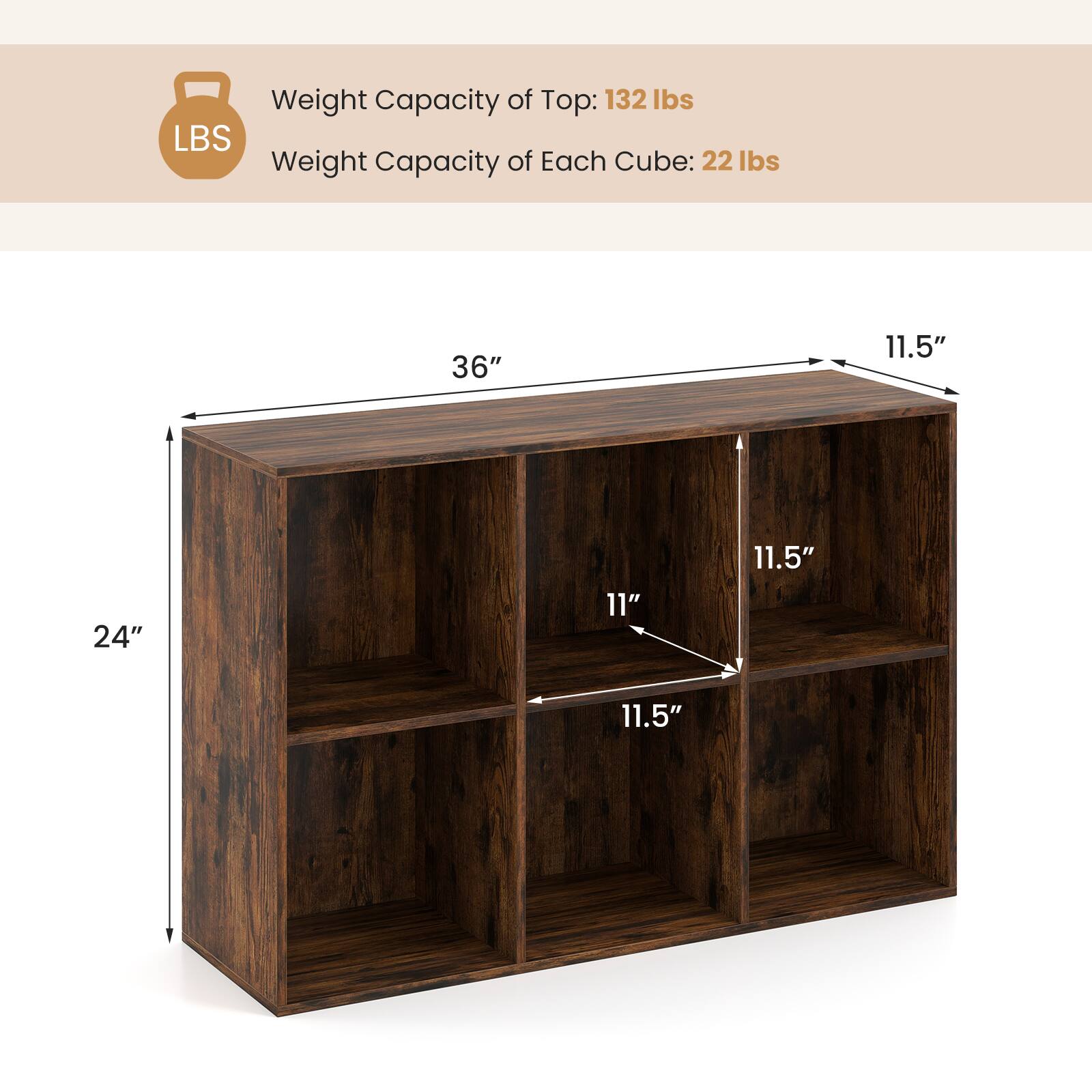 Weight Capacity of Top: 132 lbs  
Weight Capacity of Each Cube: 22 lbs  

36"  
11.5"  
24"  
11"  
11.5"  
11.5"