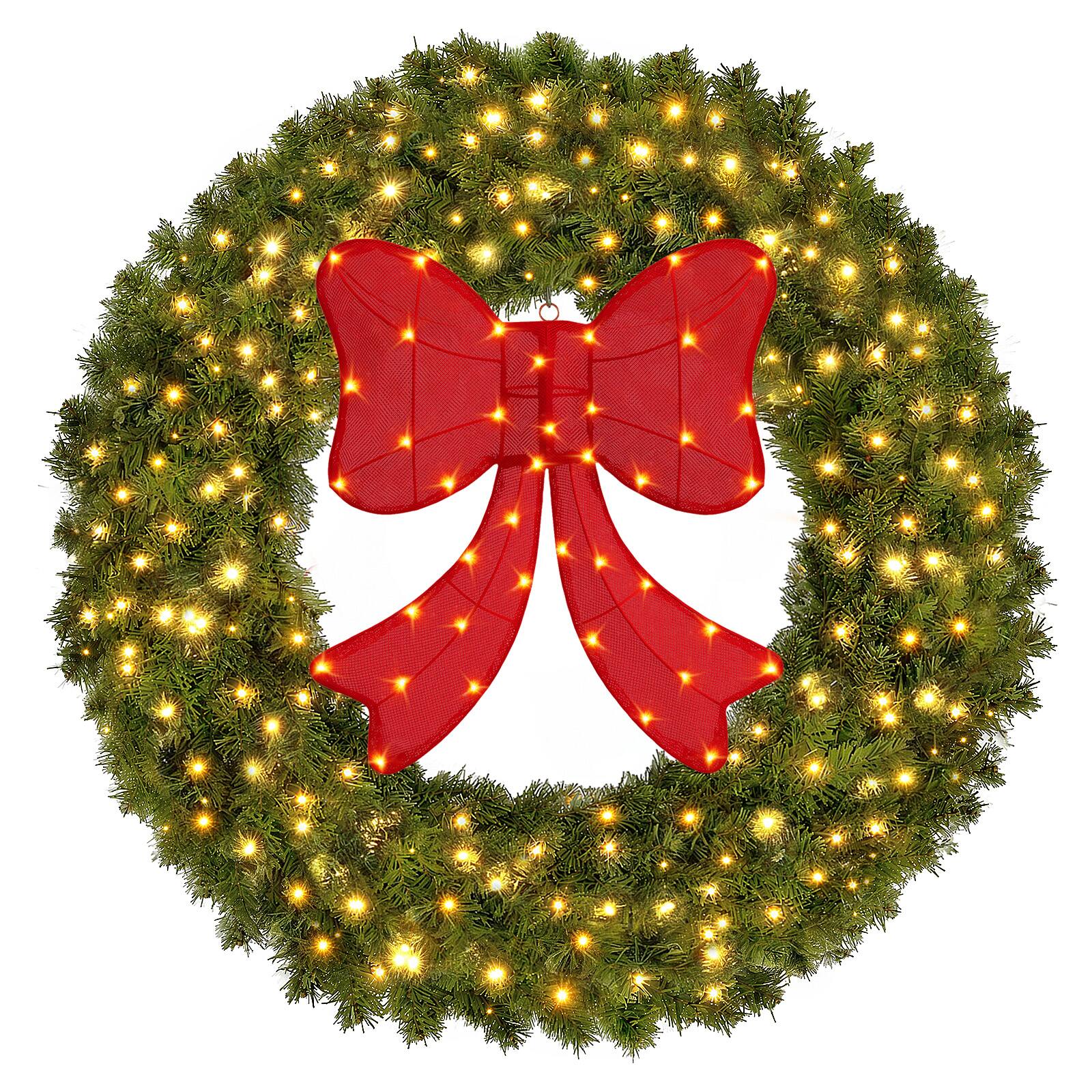 Front. Sweetcrispy - 36in Pre-Lit Christmas Wreath, Lighted Artificial Holiday Wreath w/ 150 LED Lights, removable Red Bow - Green.