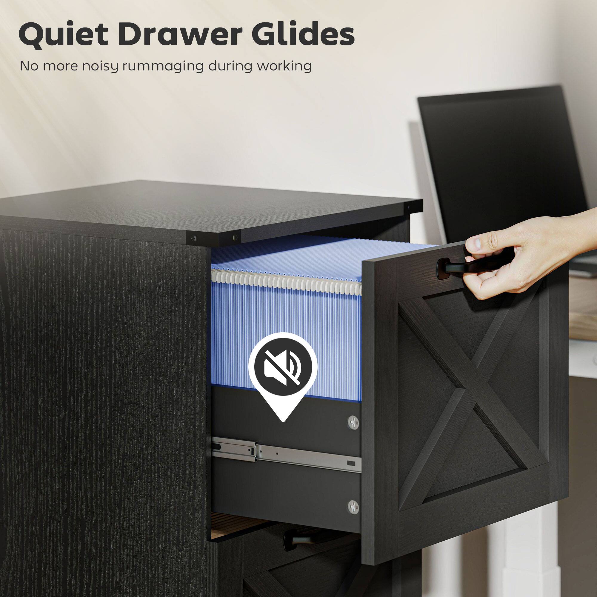 Quiet Drawer Glides  
No more noisy rummaging during working