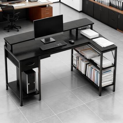 Front. PexFix - L-Shaped Gaming Desk with LED Lights, USB & Power Outlets, 53" Reversible Table with Monitor Stand - Black.