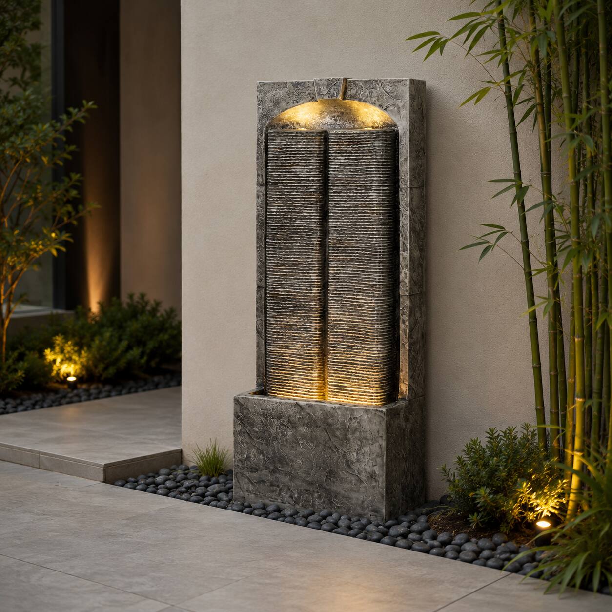 Angle. Mondawe - 39 in Cascading Outdoor Water Fountain with LED Lights and Quiet Pump - Brown.