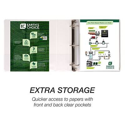 EARTH'S CHOICE  
EC  
100% EC  
EARTH'S CHOICE  
EXTRA STORAGE  
Quicker access to papers with front and back clear pockets  

How Phant Boued Poutics are Made  
How Paper Products are Made  

EARTH'S CHOICE