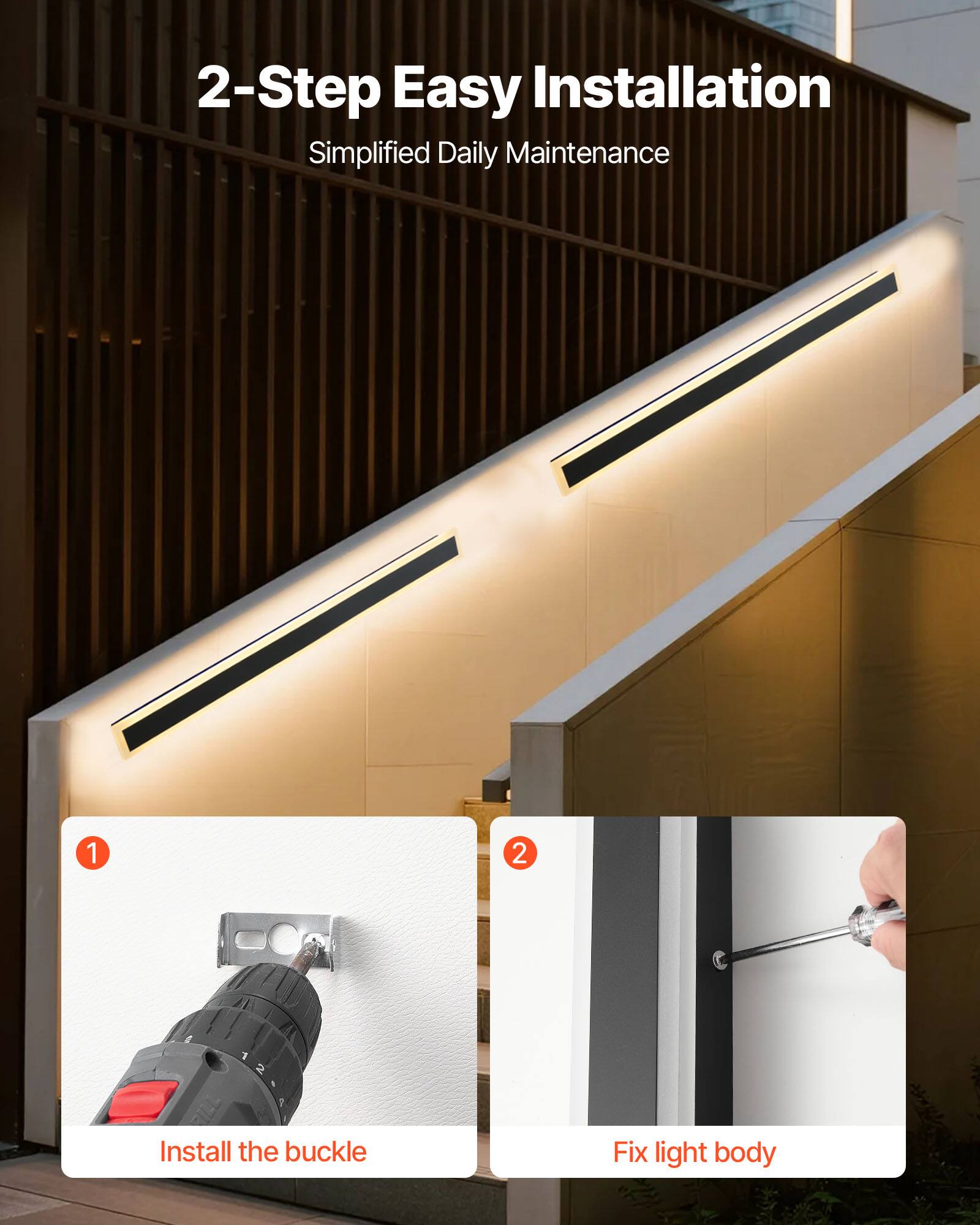 2-Step Easy Installation  
Simplified Daily Maintenance  

1. Install the buckle  
2. Fix light body