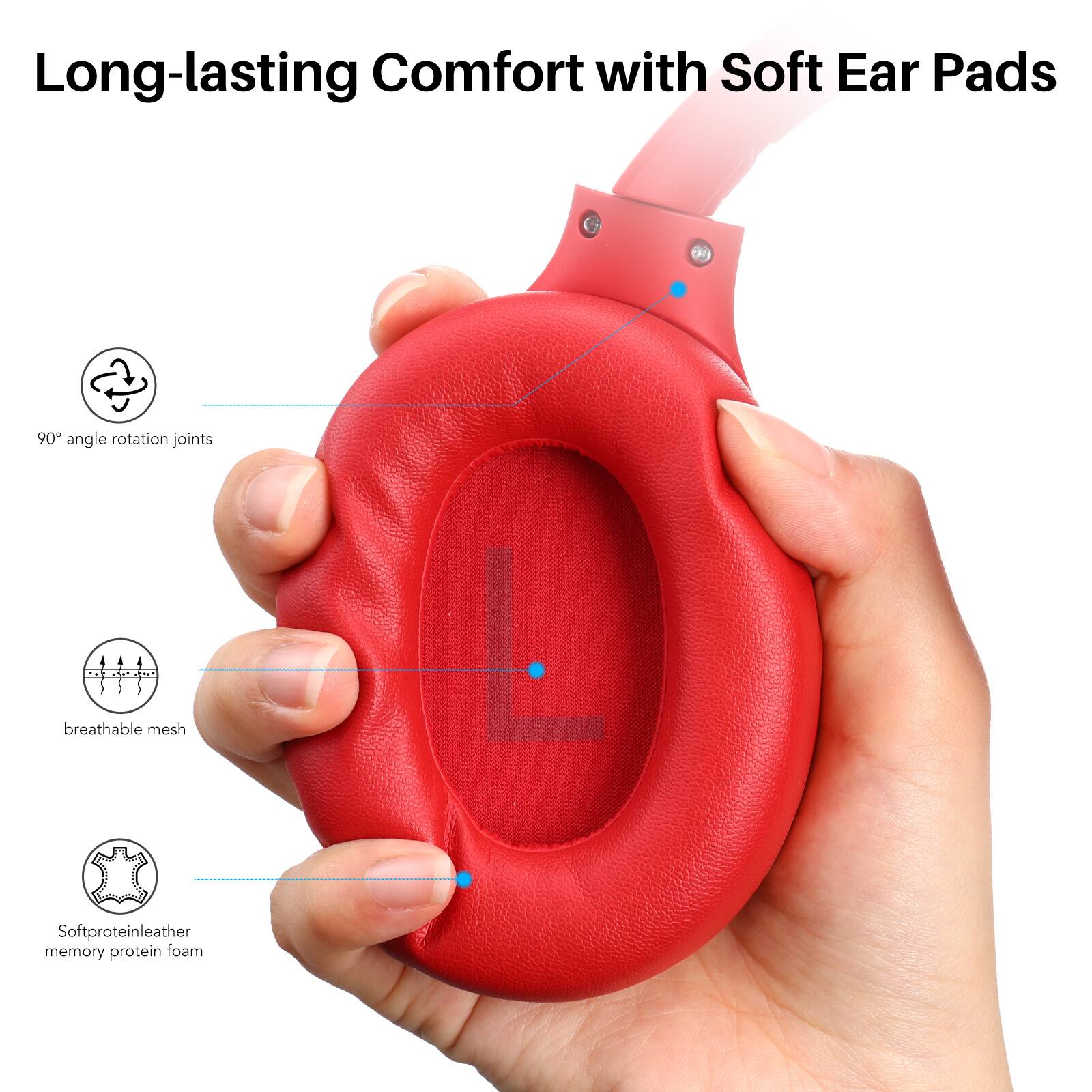 Long-lasting Comfort with Soft Ear Pads, 90° angle rotation joints, breathable mesh, Softproteinleather memory protein foam