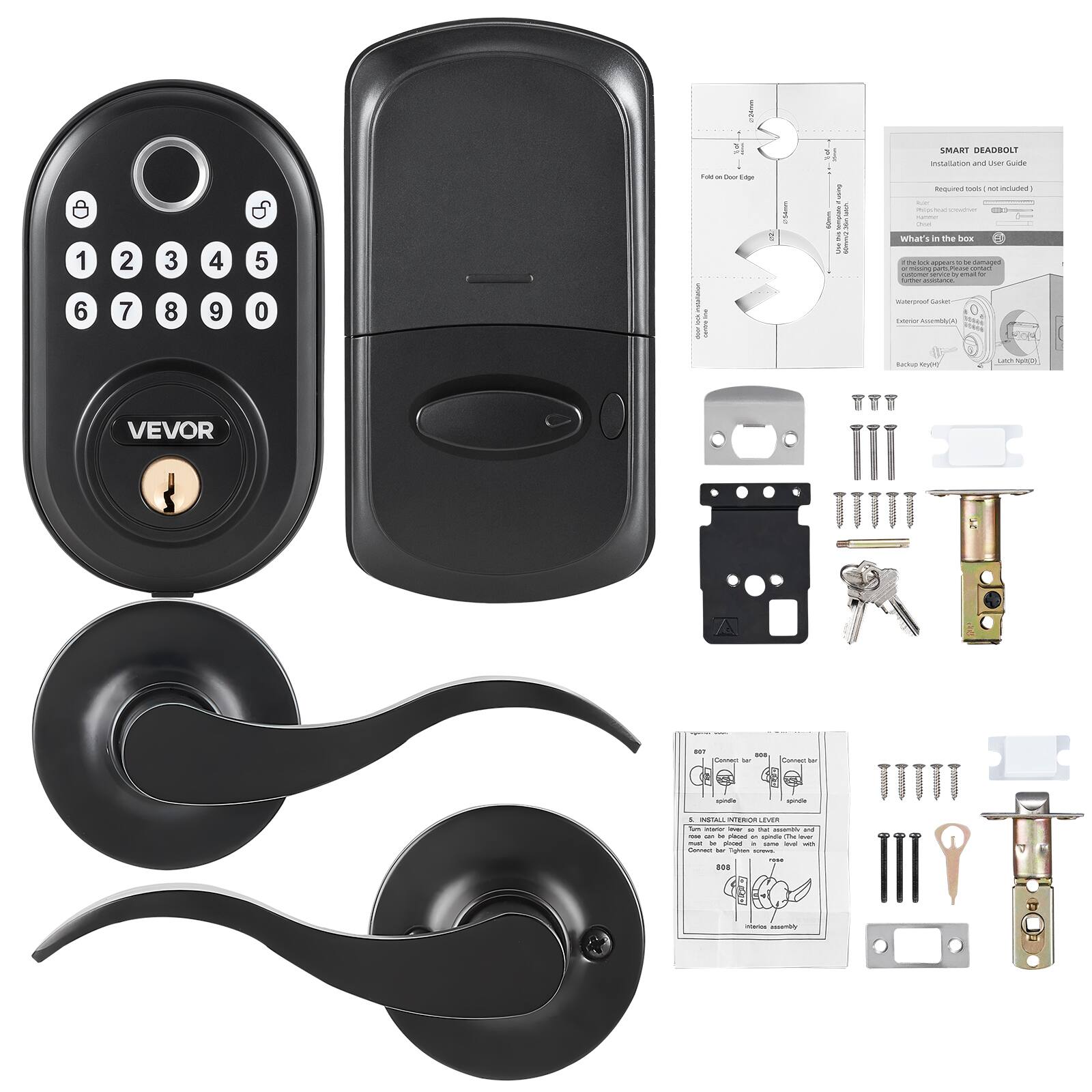 Sure, here is the corrected and grouped text from the image:

---

**VEVOR**

**SMART DEADBOLT**

**Installation and User Guide**

**Required tools (not included):**
- Screwdriver
- Pliers

**What's in the box:**
- Deadbolt
- Water-resistant Keypad
- Exterior Assembly
- Interior Assembly
- Backup key
- Locksmith key
- Screws
- Plates
- Instructions

**INSTALL INTERIOR LOCK**

1. **Convert bar to handle**
   - Remove the old interior lock and replace it with the new one.
   - Attach the handle to the lock body.

2. **Convert bar to handle**
   - Remove the old interior lock and replace it with the new one.
   - Attach the handle to the lock body.

**Folded Door Edge**

**SMART EADSOLI installation manual**

**T I I i I I 1 : I NORE - - Iatu d - whar's - the s - ... E - Aumagen - - - ... - 6 7 8 9 0 1 I I - - - eo NIVA 1 Codr Nvo m. n VEVOR ! - - - - - - -