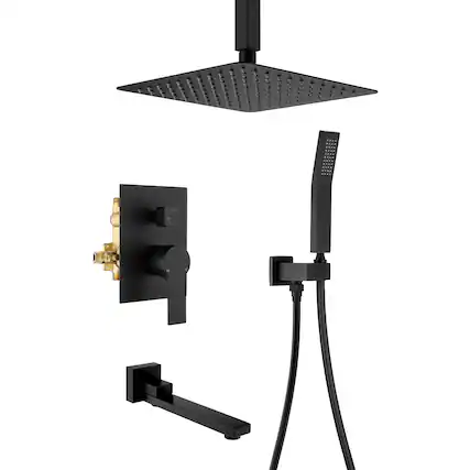 Front. Boyel Living - Matte Black 10-Inch Rain Shower System Brass SUS304 3-Function Valve Handheld 180° Spout cUPC - Black.