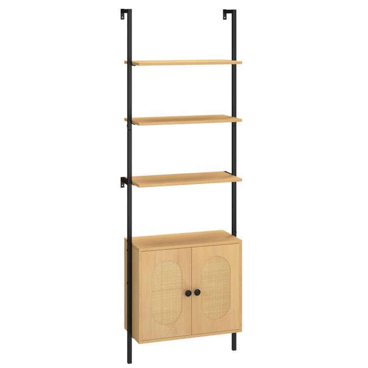 Front. SlickBlue - Modern 6-Tier Ladder Bookshelf with Wall Mount Design and Rattan Cabinet - Natural.