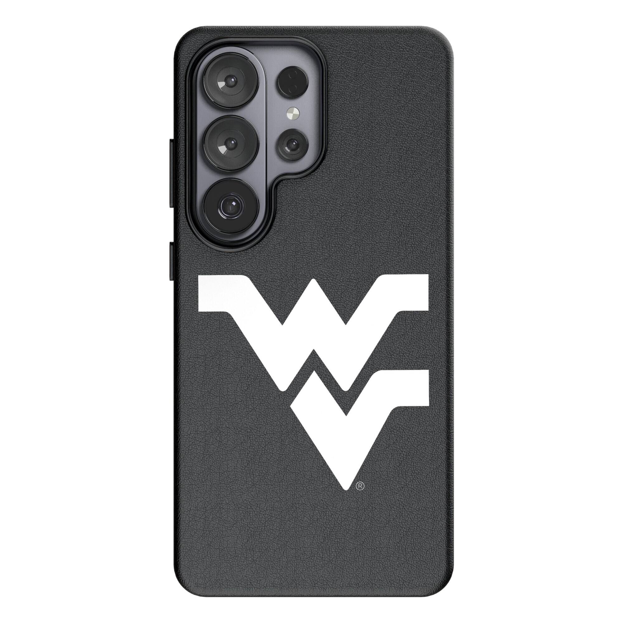 Front. Keyscaper - West Virginia Mountaineers Text Backdrop Galaxy Magnetic Bump Case - S24 Plus - Black.