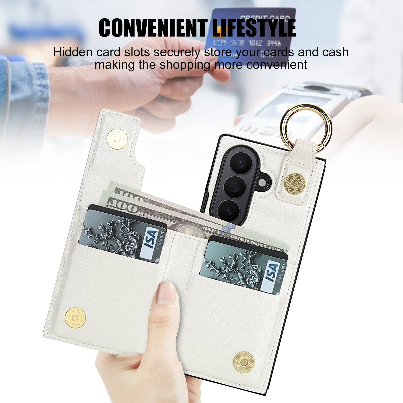 CONVENIENT LIFESTYLE  
Hidden card slots securely store your cards and cash making the shopping more convenient  

PDENIT Jaru  
1237 5678 9012 3456  

STY 100 B um 9495  
ISA Platinum ONE  
ISA Platinum