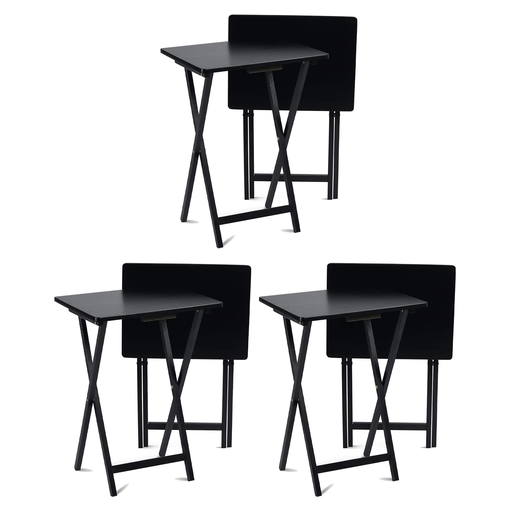 PJ Wood - Folding TV Tray, Portable Wooden Table Set with Storage, Black, 6 Piece - White