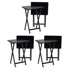 PJ Wood - Folding TV Tray, Portable Wooden Table Set with Storage, Black, 6 Piece - White