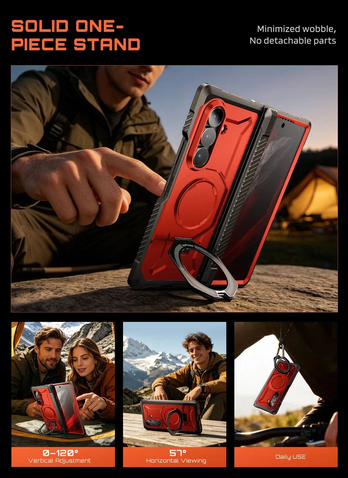 SOLID ONE-PIECE STAND

Minimized wobble, No detachable parts

0-120° Vertical Adjustment

57° Horizontal Viewing

Daily USE