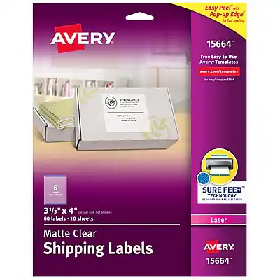 AVERY
Easy Peel with Pop-up Edge for Just Peeling
15664
Free Easy-to-Use Avery Templates
avery.com/templates
SURE FEED TECHNOLOGY
3 1/3" x 4"
60 labels - 10 sheets
Matte Clear Shipping Labels
Laser
AVERY
15664