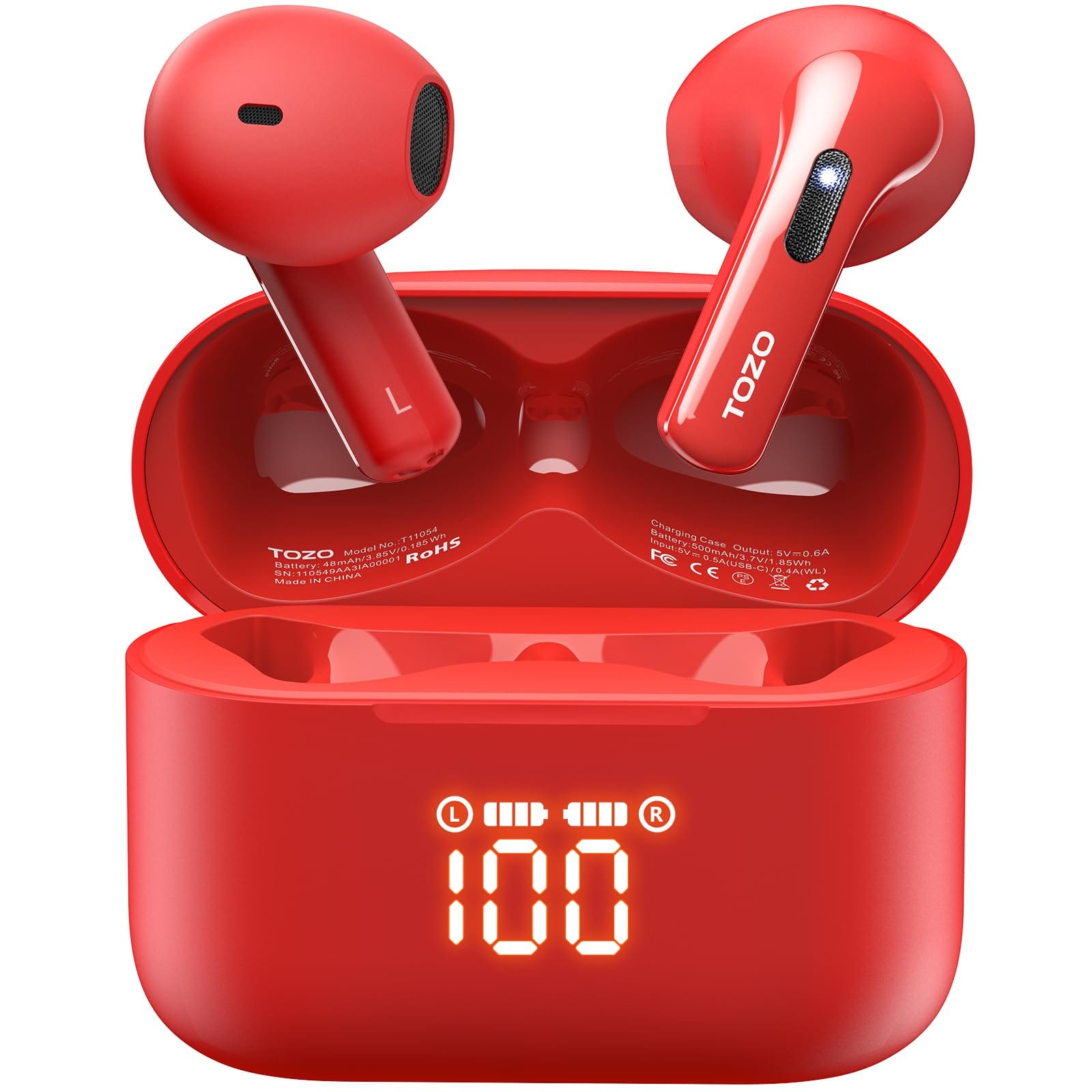 TOZO - T21 Wireless Earbuds, Bluetooth 5.3, Dual Mic Noise Cancelling, IPX8, 44H Playback, LED Display, 32 EQs - Red