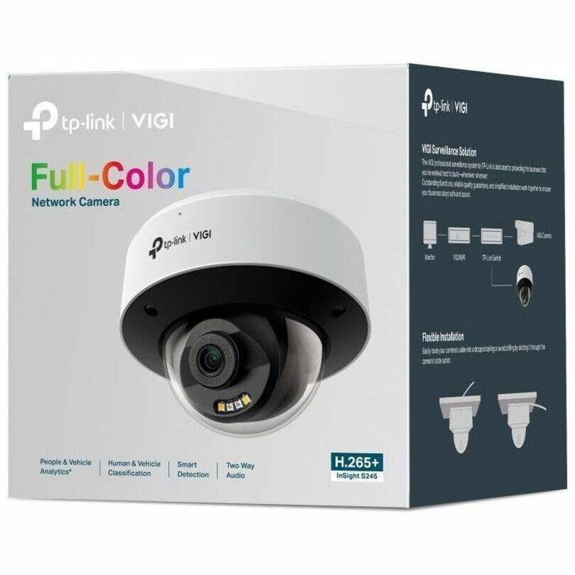 tp-link | VIGI  
Full-Color Network Camera  

VIGI Surveillance Solution  
The VIGI surveillance system is a complete solution that includes a powerful camera, a reliable NVR, and a mobile app for easy monitoring. It provides 24/7 protection with customizable alerts, video quality, and storage options.  

Flexible Installation  
Easily mount your camera in any location with a variety of mounting options.  

People & Vehicle Analytics  
Human & Vehicle Classification  
Smart Detection  
Two Way Audio  

H.265+  
InSight S245