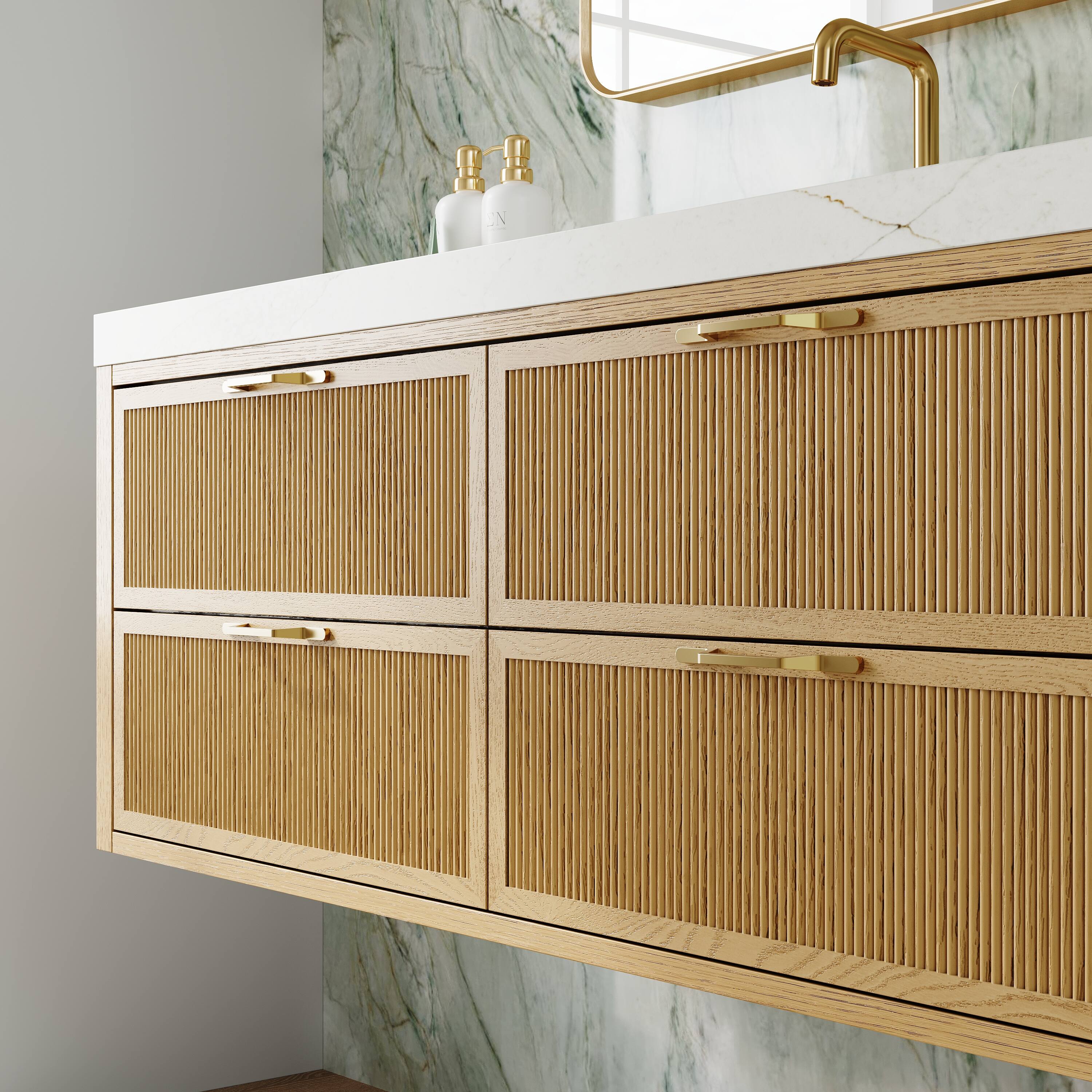 Alt View 2. WELLFOR - LYNOAK 48 in. Wall-mount Solid Wood Bath Vanity with Quartz Top, Single Sink, Soft Close, Assembled - OAK.