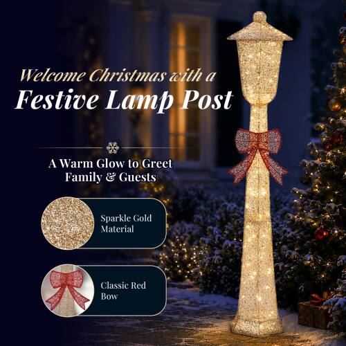 Welcome Christmas with a Festive Lamp Post  
A Warm Glow to Greet Family & Guests  
Sparkle Gold Material  
Classic Red Bow