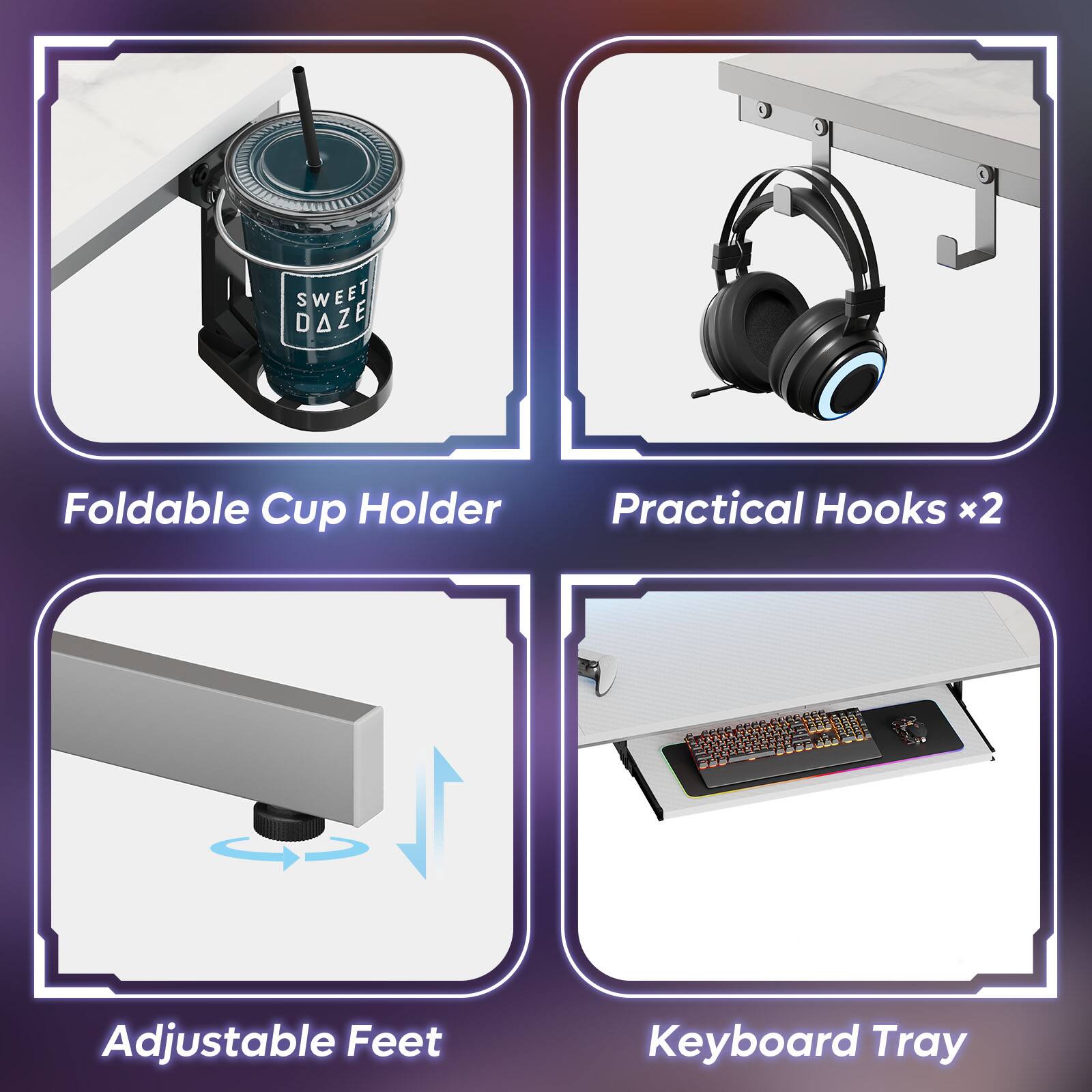 Sweet Daze Foldable Cup Holder, Practical Hooks x2, Adjustable Feet, Keyboard Tray