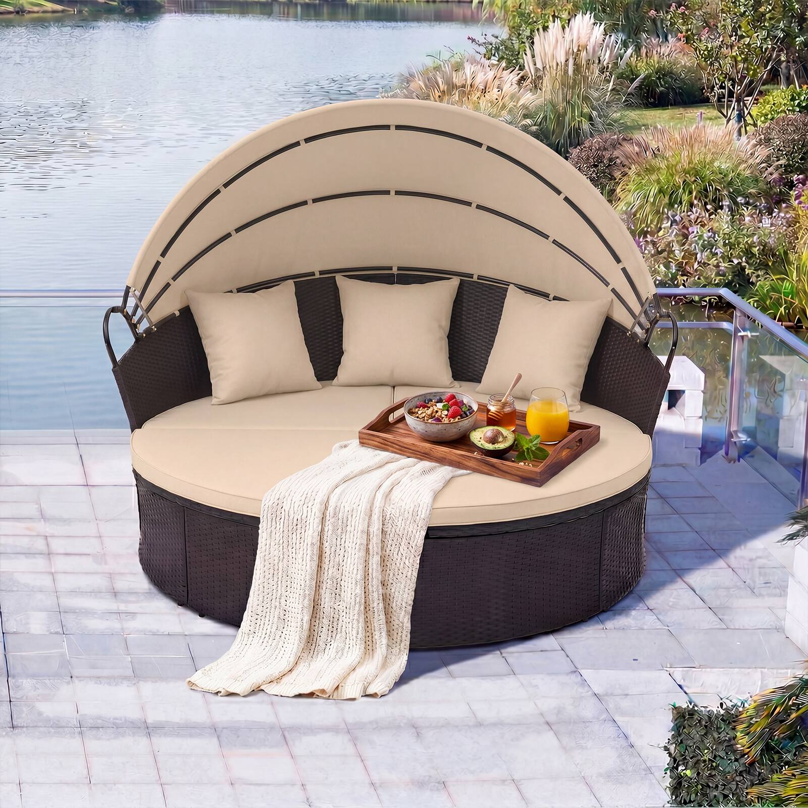Alt View 4. Costway - Costway Outdoor Patio Round Daybed with Retractable Canopy Cushions Throw Pillows for Lawn - Black+Beige.