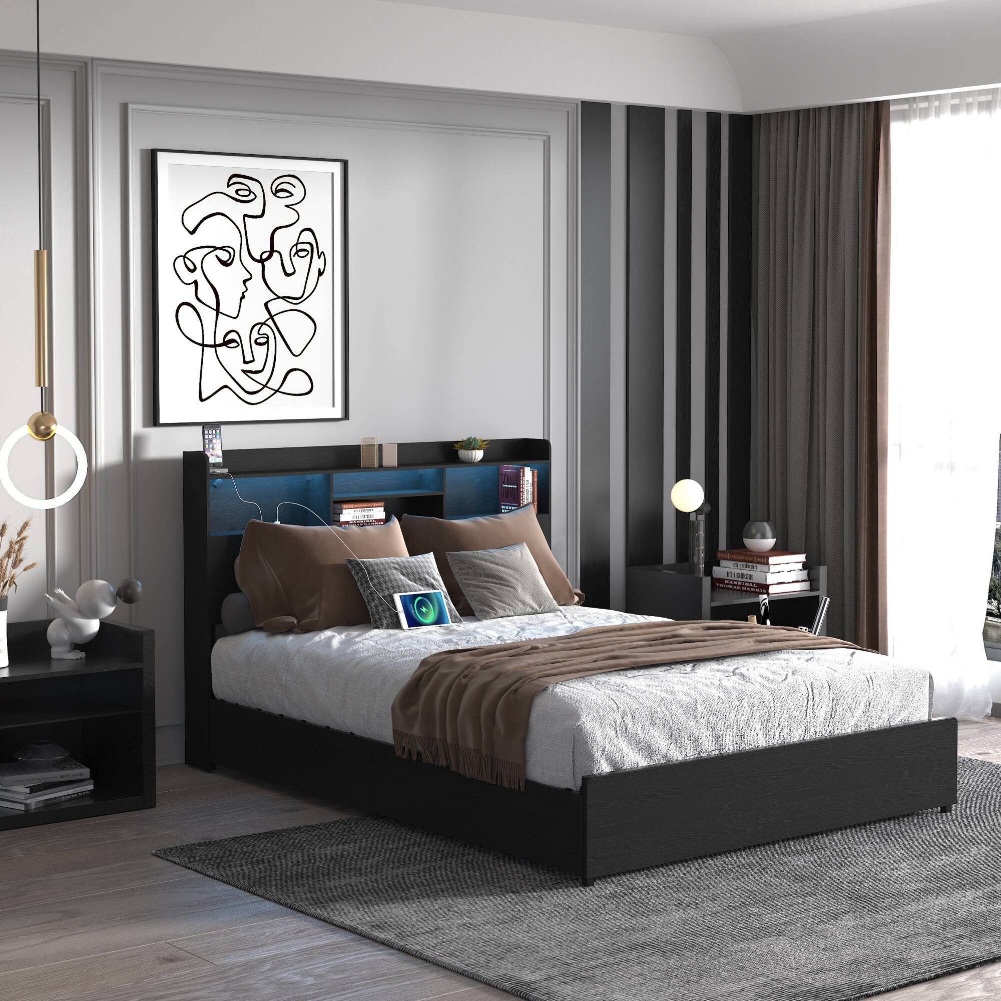 Alt View 1. GOODSILO - Full Size Bed Frame with Storage Drawers, Headboard, Charging Station, and LED Lighting - Black.