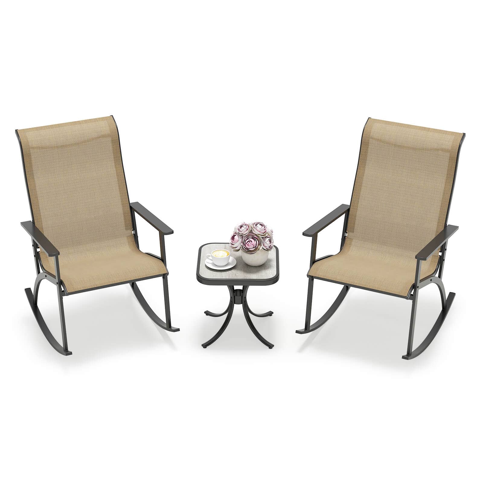 Costway - 3 PCS Patio Rocker Set with High Backrest & Wood-Plastic Tabletop Coffee Table - Brown
