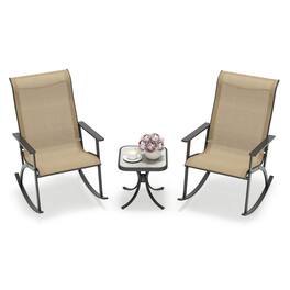 Costway - 3 PCS Patio Rocker Set with High Backrest & Wood-Plastic Tabletop Coffee Table - Brown