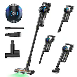 JIGOO - V700 Cordless Vacuum Cleaner, 480W All-In-One Stick Vacuum with Dual LED, 33KPa Suction, 55min Runtime, 2.5L Dust Bag - Black