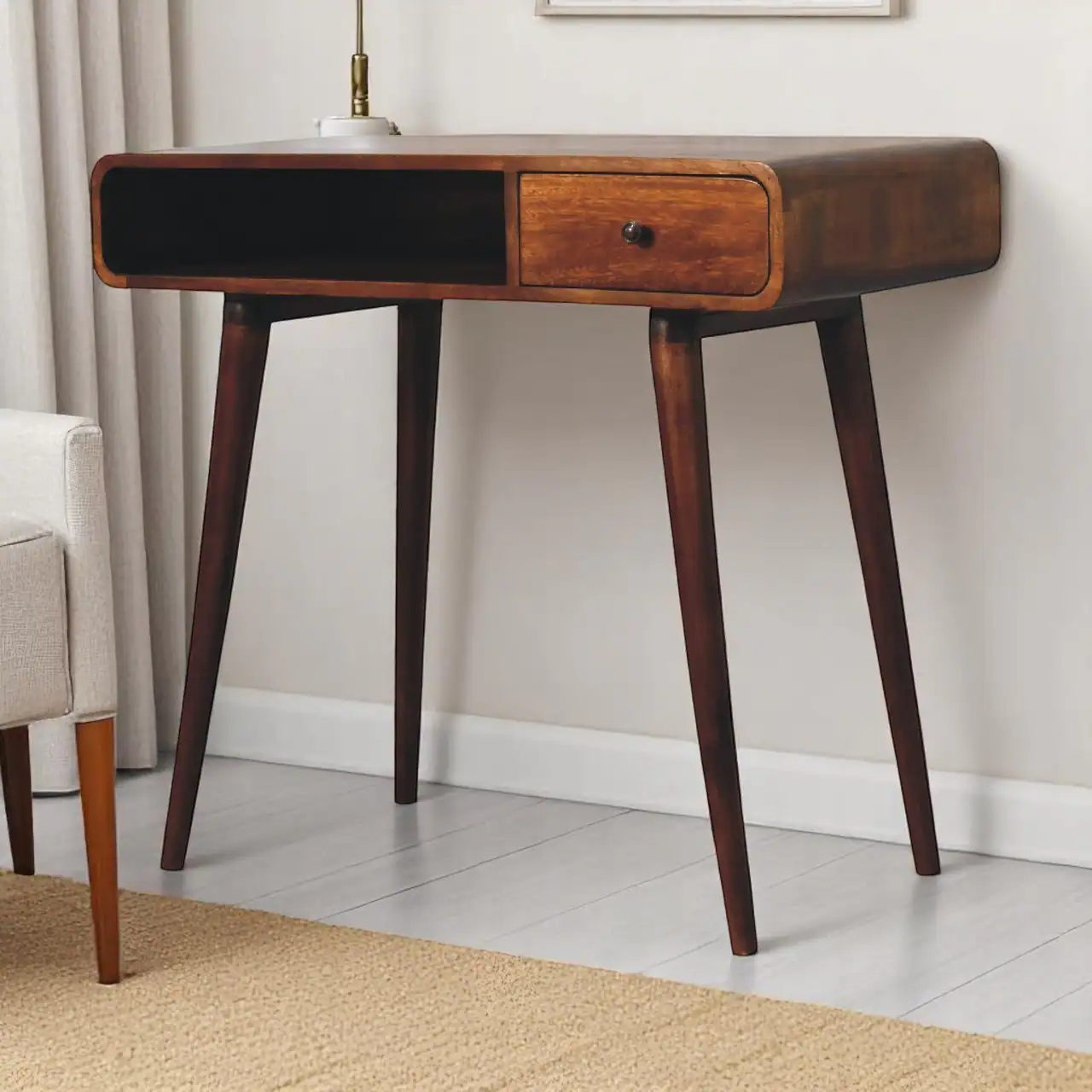 Angle. Artisan Furniture - Artisan Furniture Solid Wood Curved Chestnut Writing Desk, 1 Drawer, 1 Shelf, Dark Brown - Dark Brown.