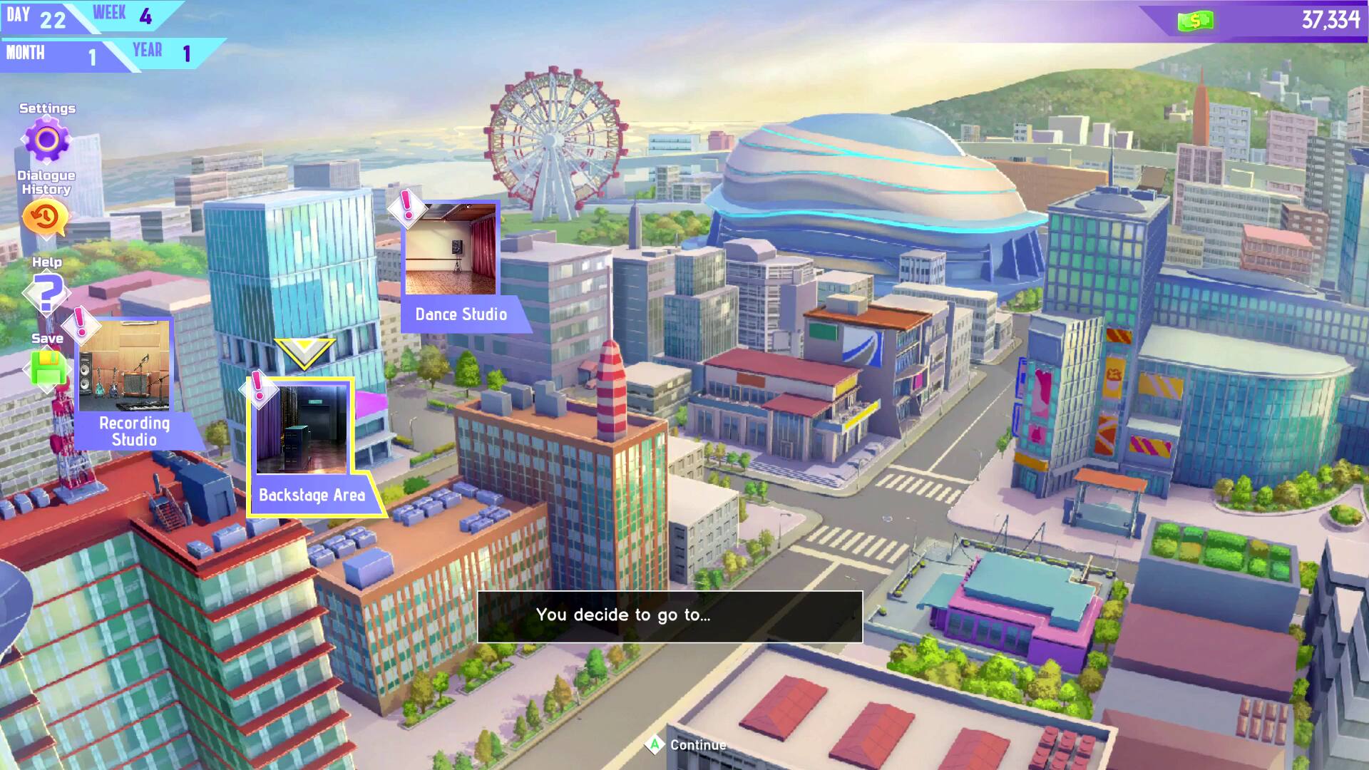 DAY 22  
WEEK 4  
MONTH 1  
YEAR 1  

Settings  
Dialogue  
History  
Help  

You decide to go to...  
A Continue  

Dance Studio  
Recording Studio  
Backstage Area  

37,334