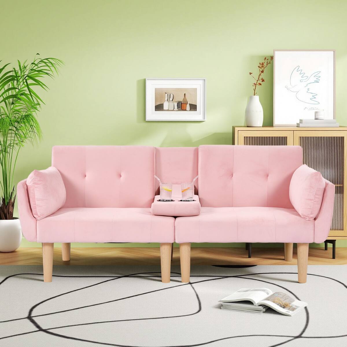 Angle. Ropilly - Ropilly Pink Velvet Loveseat Foldable Sofa, 72 Inch Upholstered Couch for Small Living Room Apartment - Pink.