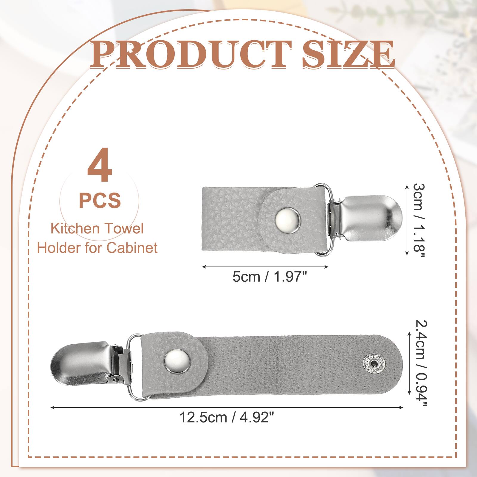 PRODUCT SIZE

4 PCS Kitchen Towel Holder for Cabinet

5cm / 1.97"  
3cm / 1.18"  
12.5cm / 4.92"  
2.4cm / 0.94"