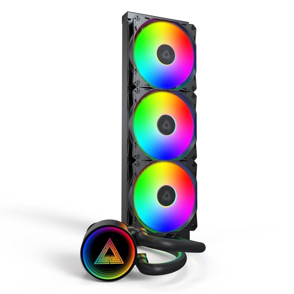 Angle. Montech - LightFlow ARGB 360 CPU Liquid Cooler, 360mm AIO with Infinity Mirror Design, 3100RPM Pump, 3x120mm ARGB Fans - Black.