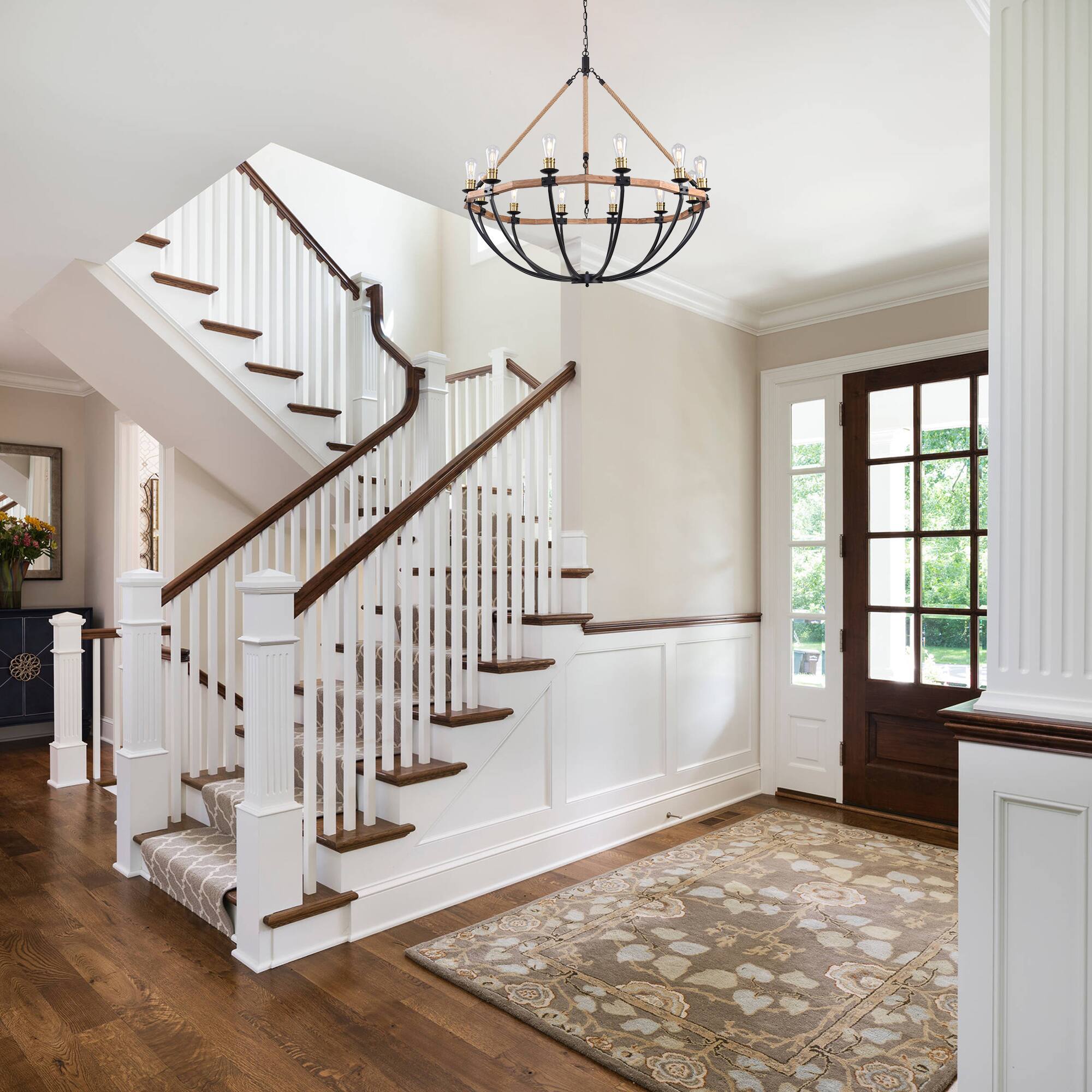 Alt View 1. RYHNUYNE - 12-Light Farmhouse Chandelier Round Wood Pendant Light 48 Inch Large Adjustable Height Rustic Industrial Fixture.