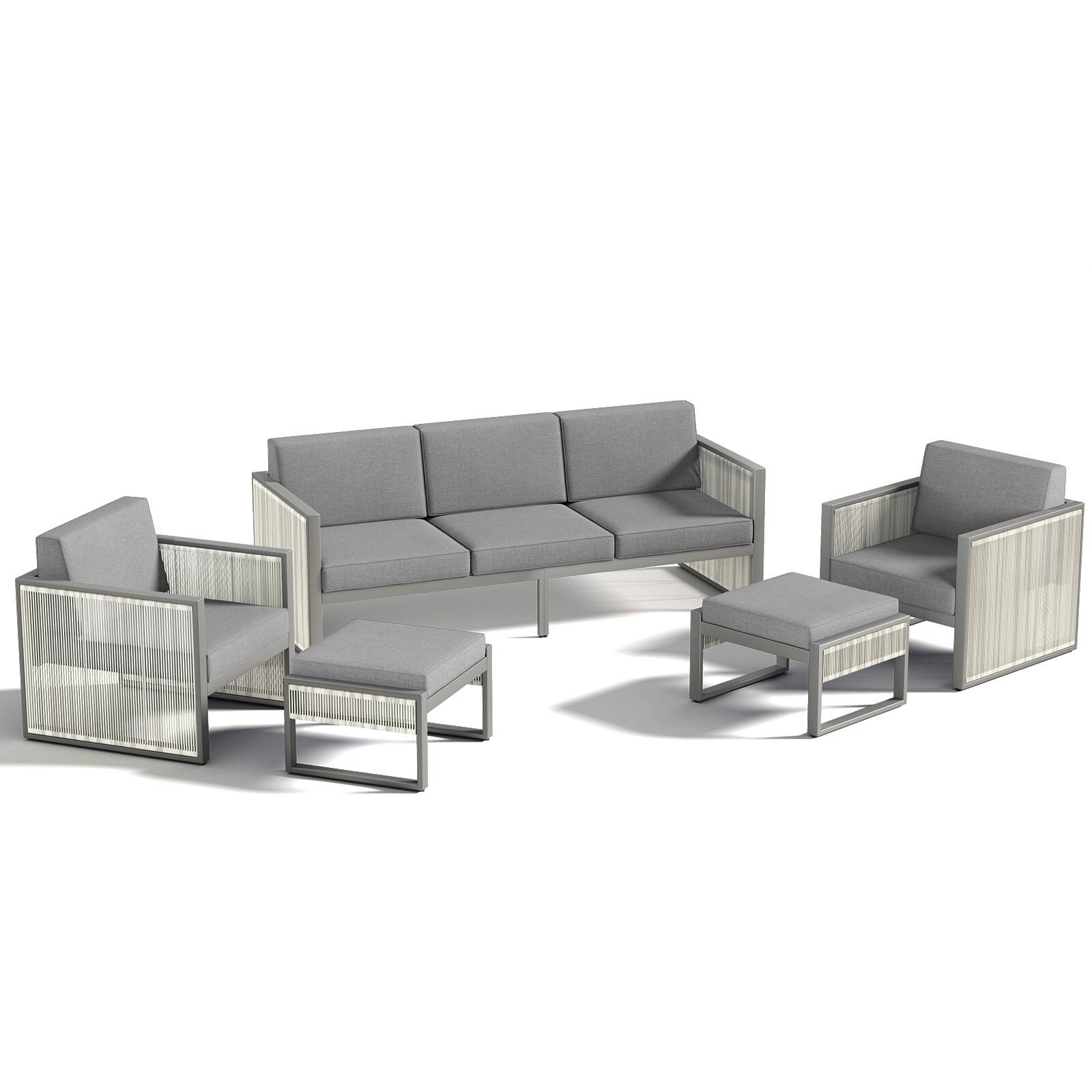 Left. Bestier - 5-Piece Metal Outdoor Patio Conversation Sectional Seating Set with Gray Cushions - Light Grey.