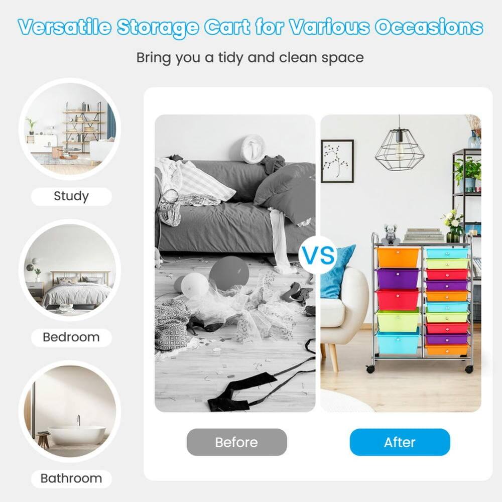 Versatile Storage Cart for Various Occasions  
Bring you a tidy and clean space

Study  
Bedroom  
Bathroom

Before  
VS  
After