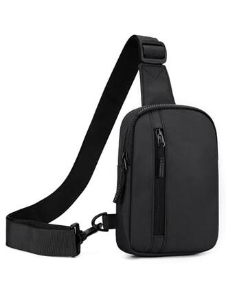 Front. DORLUKFU - Mens Mini Sling Bag Chest Bag Shoulder Bag Women Crossbody Bag Phone Holder with Reversible Strap and Dual Pocket - Black.