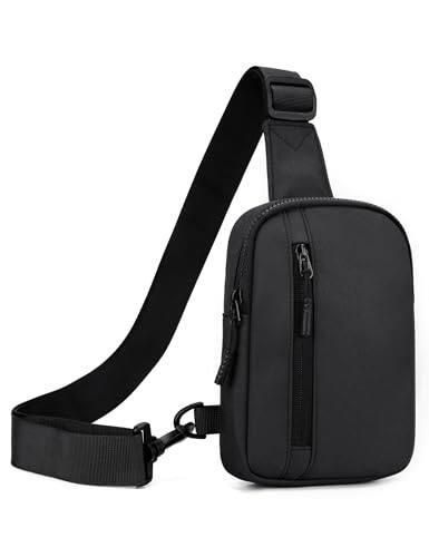 Front. DORLUKFU - Mens Mini Sling Bag Chest Bag Shoulder Bag Women Crossbody Bag Phone Holder with Reversible Strap and Dual Pocket - Black.