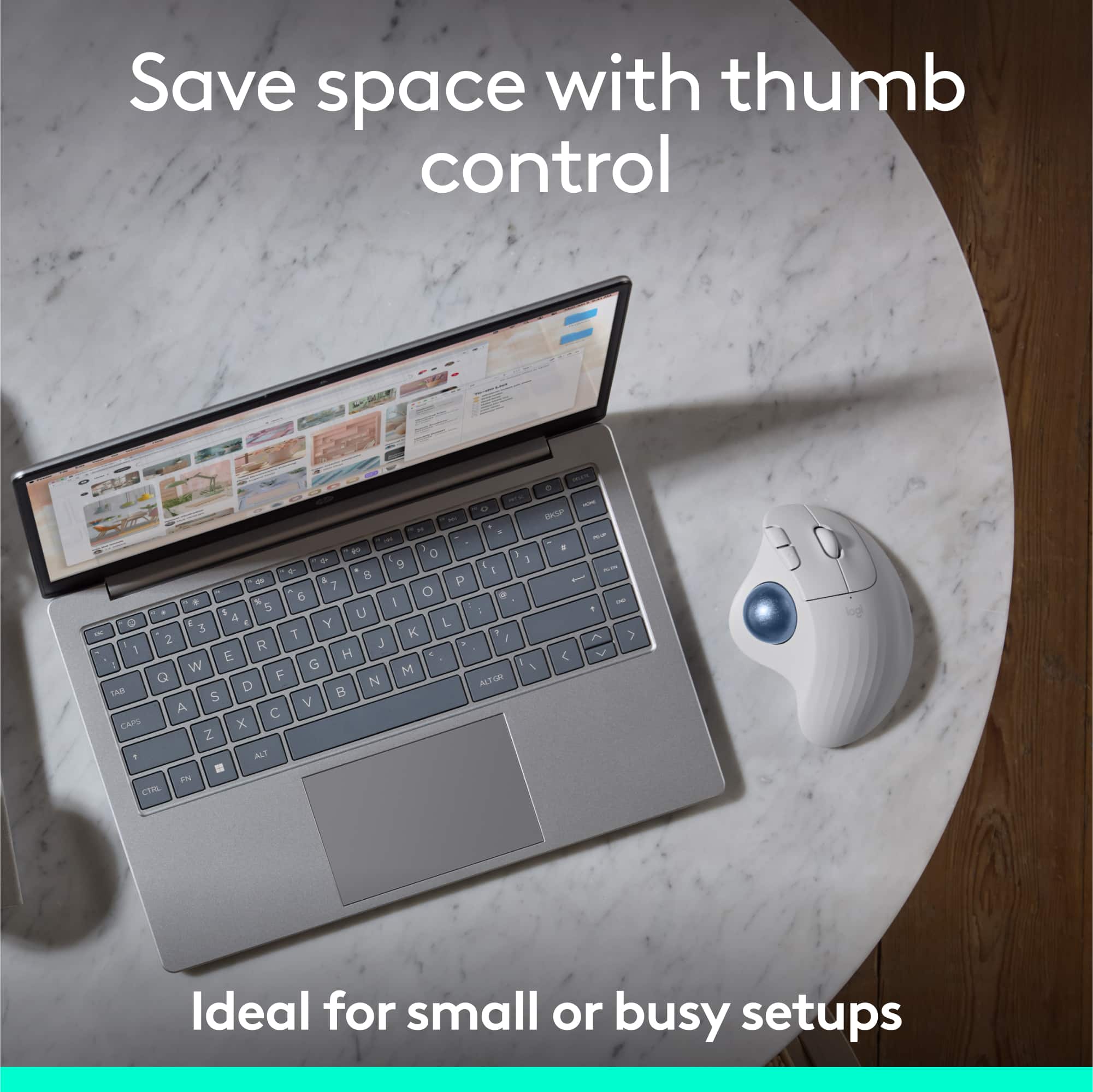 Save space with thumb control - D - sanar . - 1 3 0 5 1 - 9 E . 1 - - a 8 P - 7 6 O . I - 3 5 U - d . L E 3 Y 2 T K I A > R J 1 H e V E W G M 5 Q F N ACTOR TAS D 5 V A CAPS x Z A - 1N CT logl Ideal for small or busy setups.