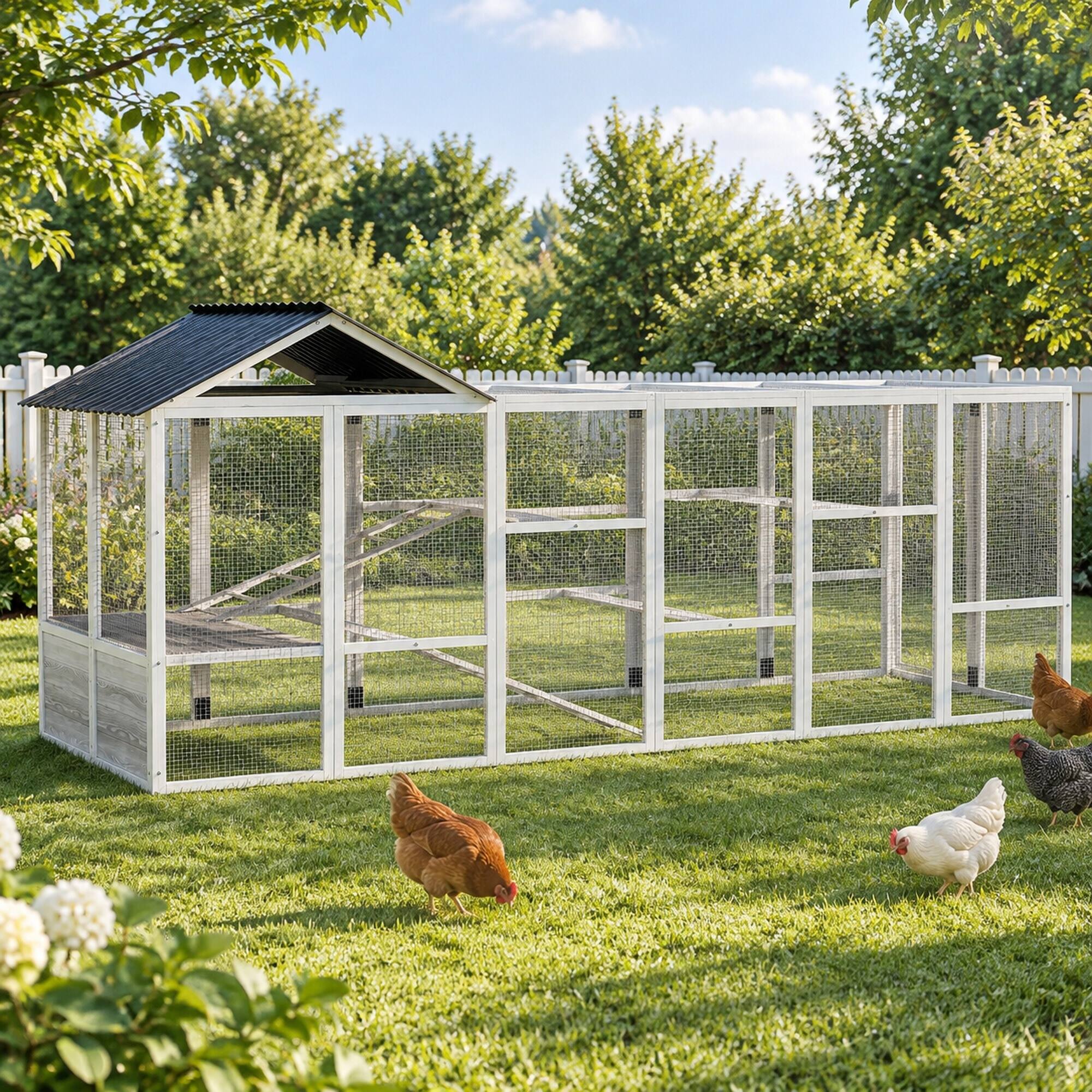 Alt View 2. RYHNUYNE - Wooden Chicken Coop Run, 141.75 in x 48 in x 61 in, Fir Wood and Metal, 2-Tier Perches, Storage, for 6-10 Chickens.