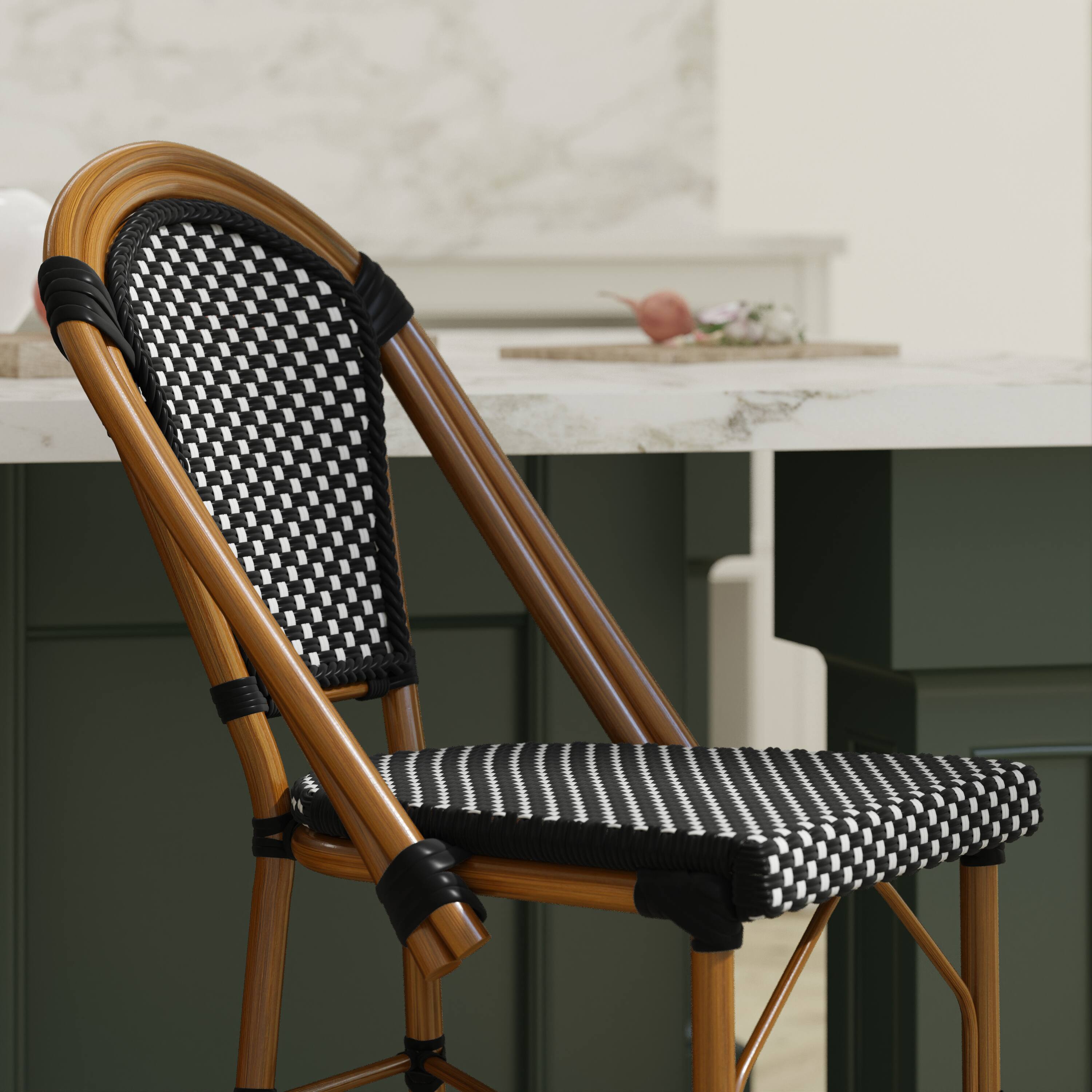 Alt View 4. Emma + Oliver - Soie Set of Two 26" High Stacking Bistro Counter Stools with PE Seat and Back and Metal Frames for Indoor/Outdoor Use - Black & White/Natural Frame.
