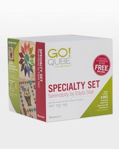 GO! QUBE  
SPECIALTY SET  
Serendipity by Edyta Sitar  

9 PATTERNS  
21 EMBROIDERY DESIGNS  
FREE $45 VALUE  

8 DIES  

Includes:  
- Cutting Mat  
- Pattern Book  
- Step-by-step DVD  
- Complementary CD  

GO! GO! GO!