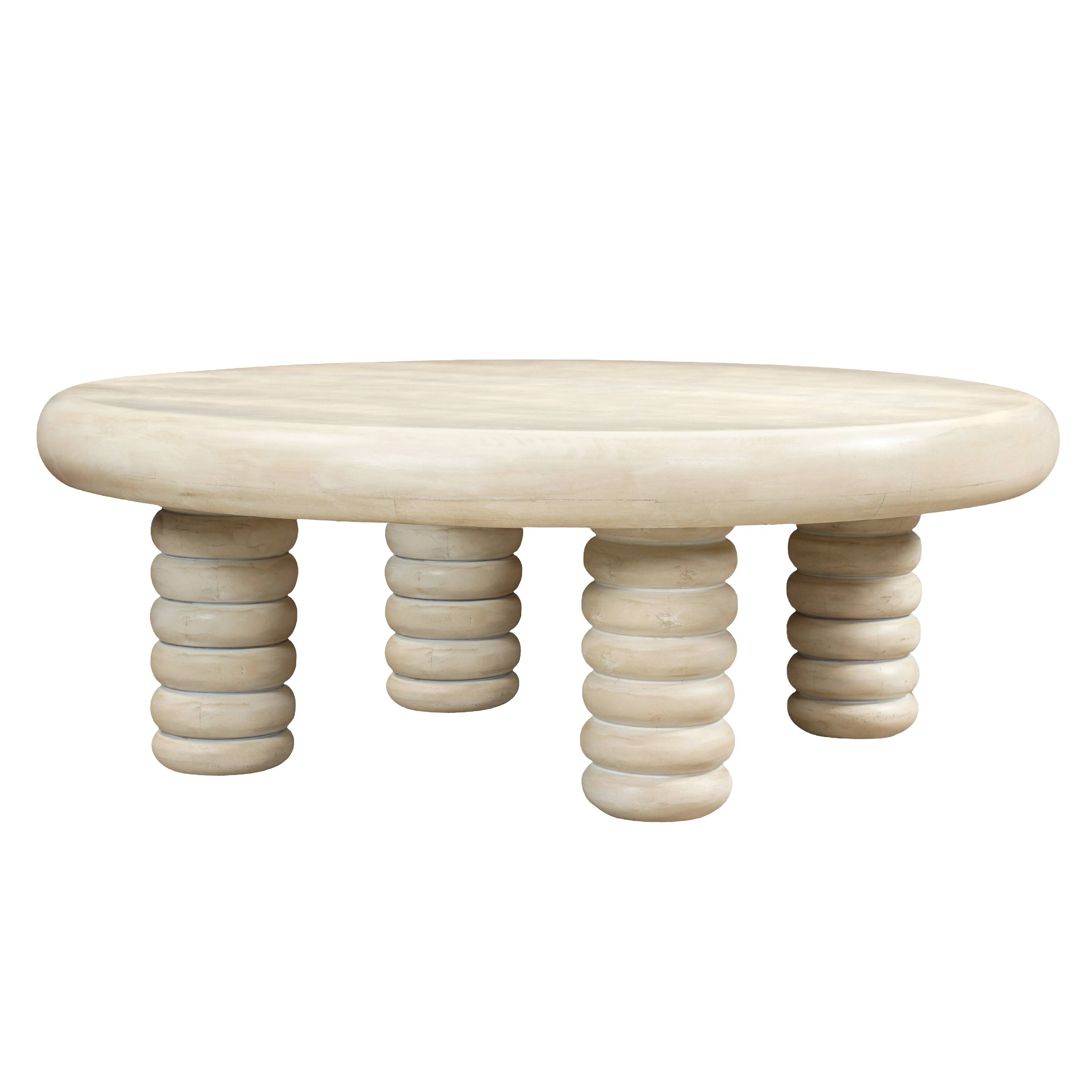 Front. Manhattan Lane - 44 Inch Round Coffee Table, Stacked Beaded Legs - Antique White.