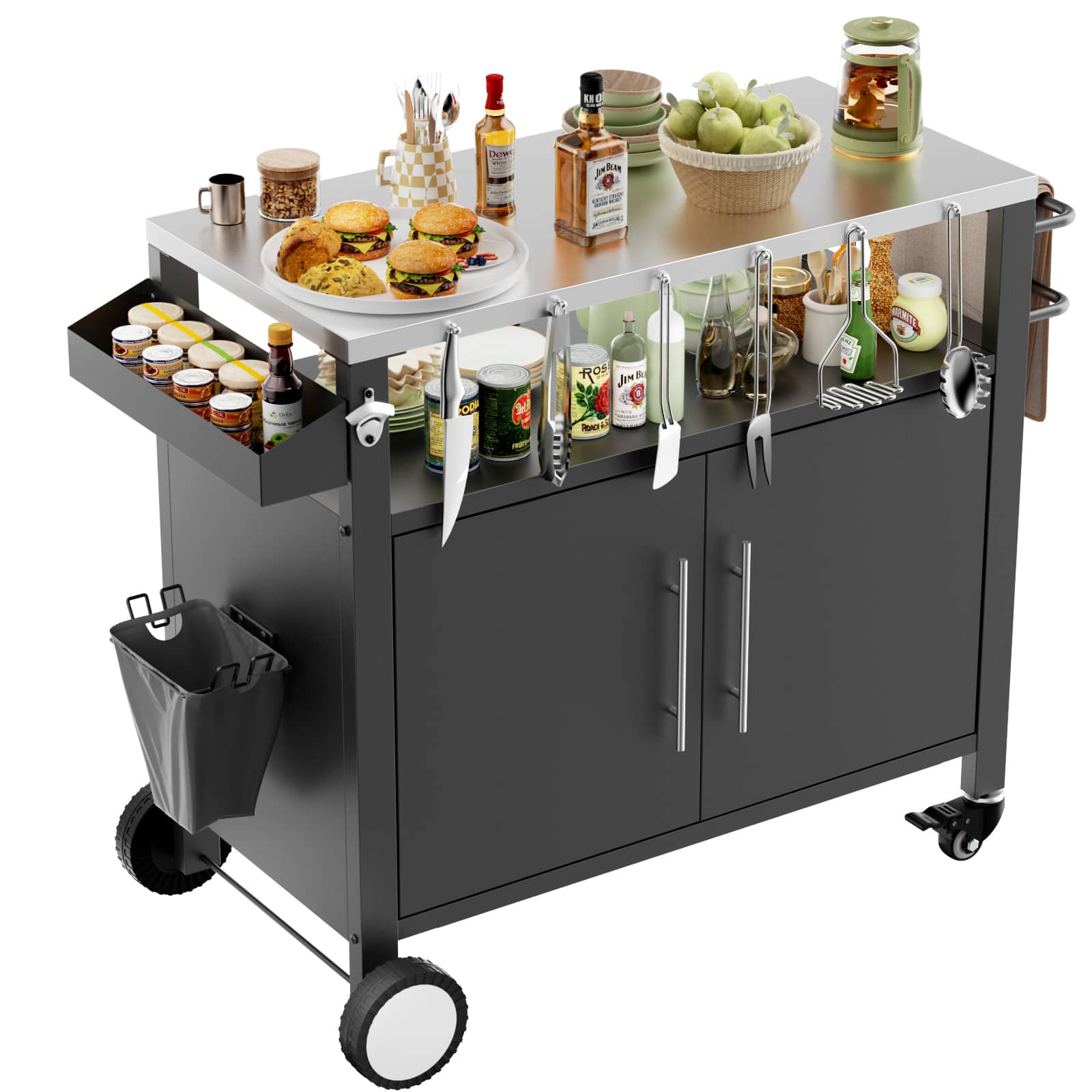 Chateau Abodes - Outdoor Grill Cart & BBQ Station with Storage, Hooks, Spice Rack & Wheels for Patio & Grilling Accessories - Black-L